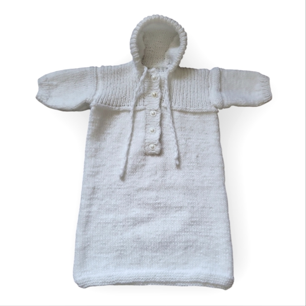 Vintage Knit Baby Bunting Bag Baby Sac with Hood White Knit Acrylic